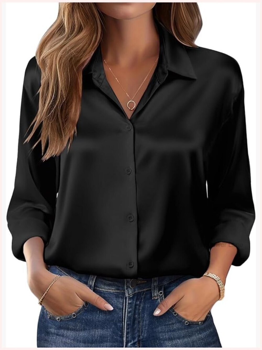 Long Sleeve Satin Button Down Blouse for Work Casual